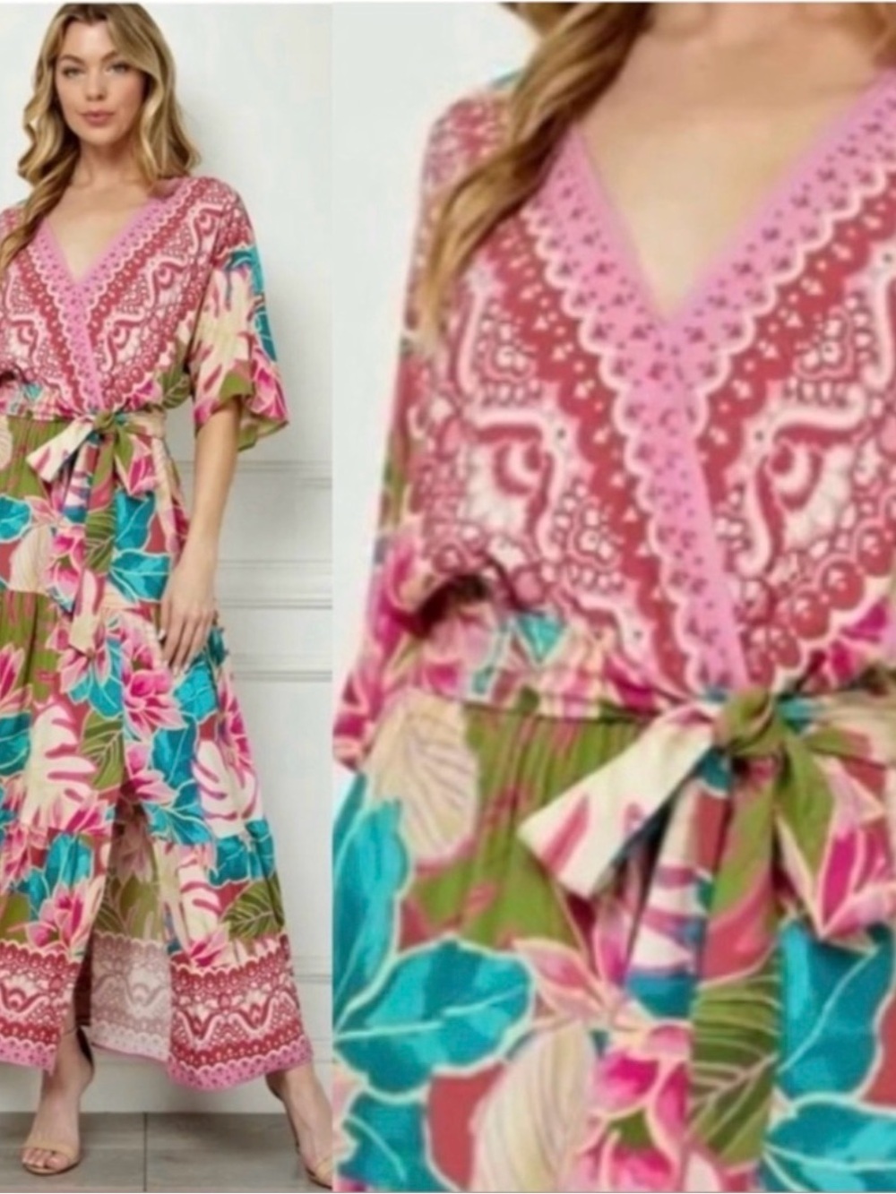 fig and flower Pink Floral V-Neck Tie-Waist Maxi Dress with Turquoise Accents